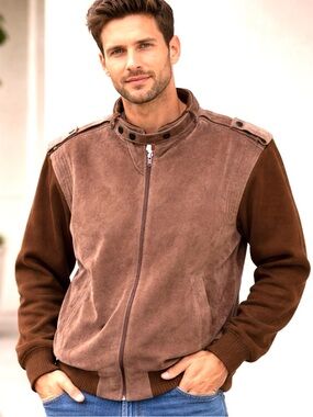 Repage Men Size XL Vintage Suede Leather Knit Bomber Jacket Brown Made In Korea